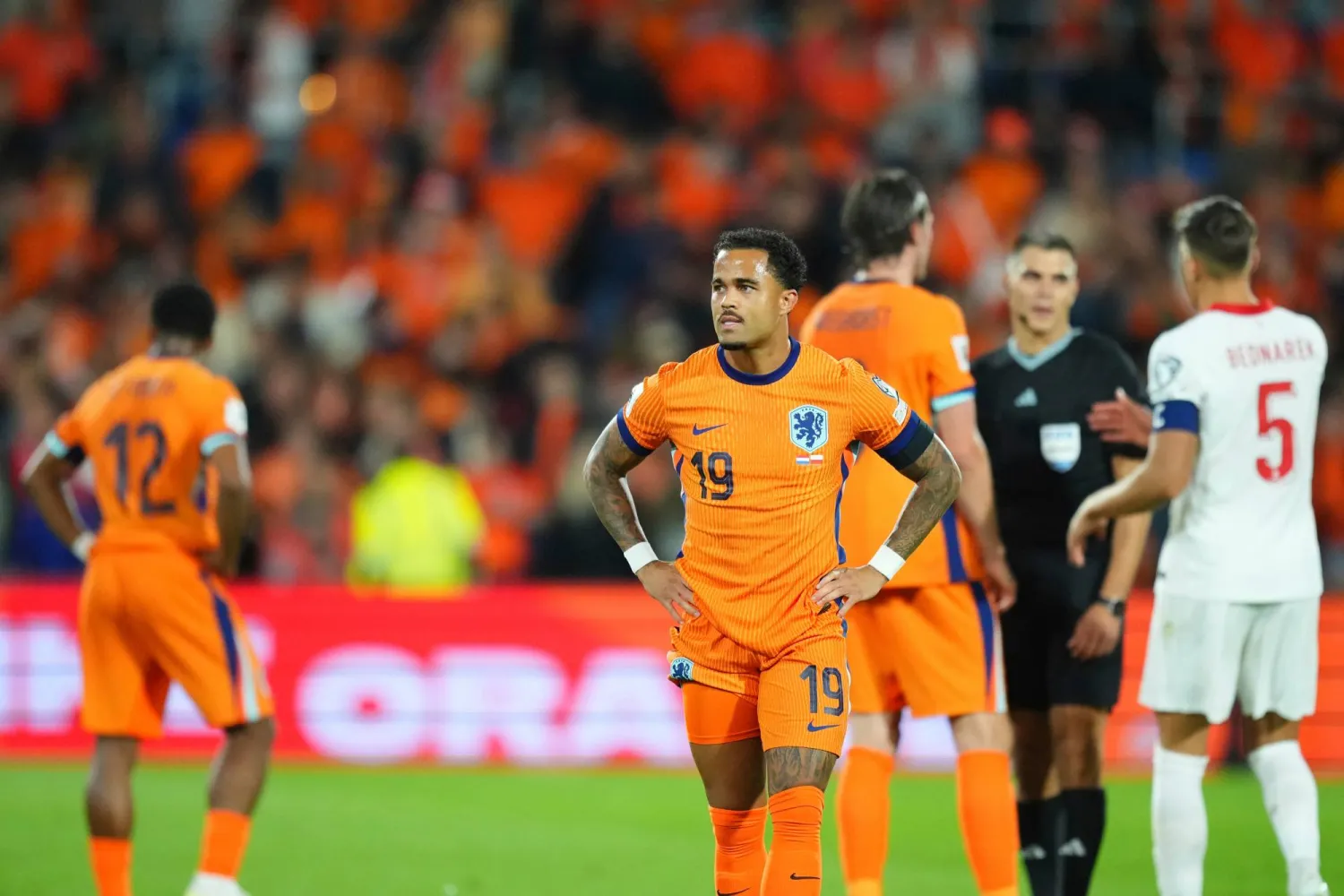 FILE - Justin Kluivert of the Netherlands walks off the pitch after a World Cup qualifying soccer match between the Netherlands and Poland in Rotterdam, Netherlands, Thursday, Sept. 4, 2025. (AP Photo/Peter Dejong, File)