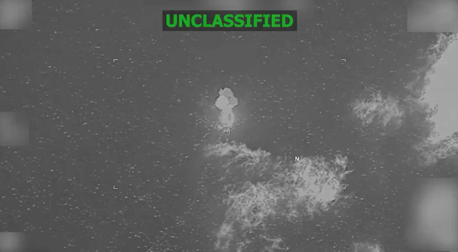 This screen grab from a video posted on the X account of US Southern Command (SOUTHCOM) on May 8, 2026, shows a vessel after being struck at the direction of Commander General Francis L. Donovan on May 8, 2026.. (Photo by US Southern Command / AFP) 
