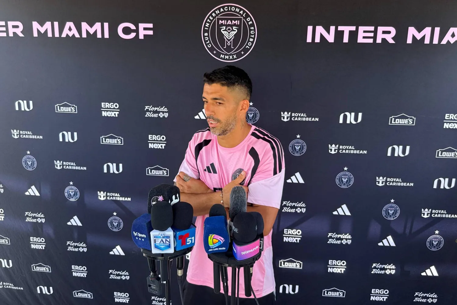 Inter Miami forward Luis Suarez speaks during an MLS soccer news conference following training, Wednesday, May 6, 2026, in Fort Lauderdale, Fla. (AP Photo/Daniel Kozin)