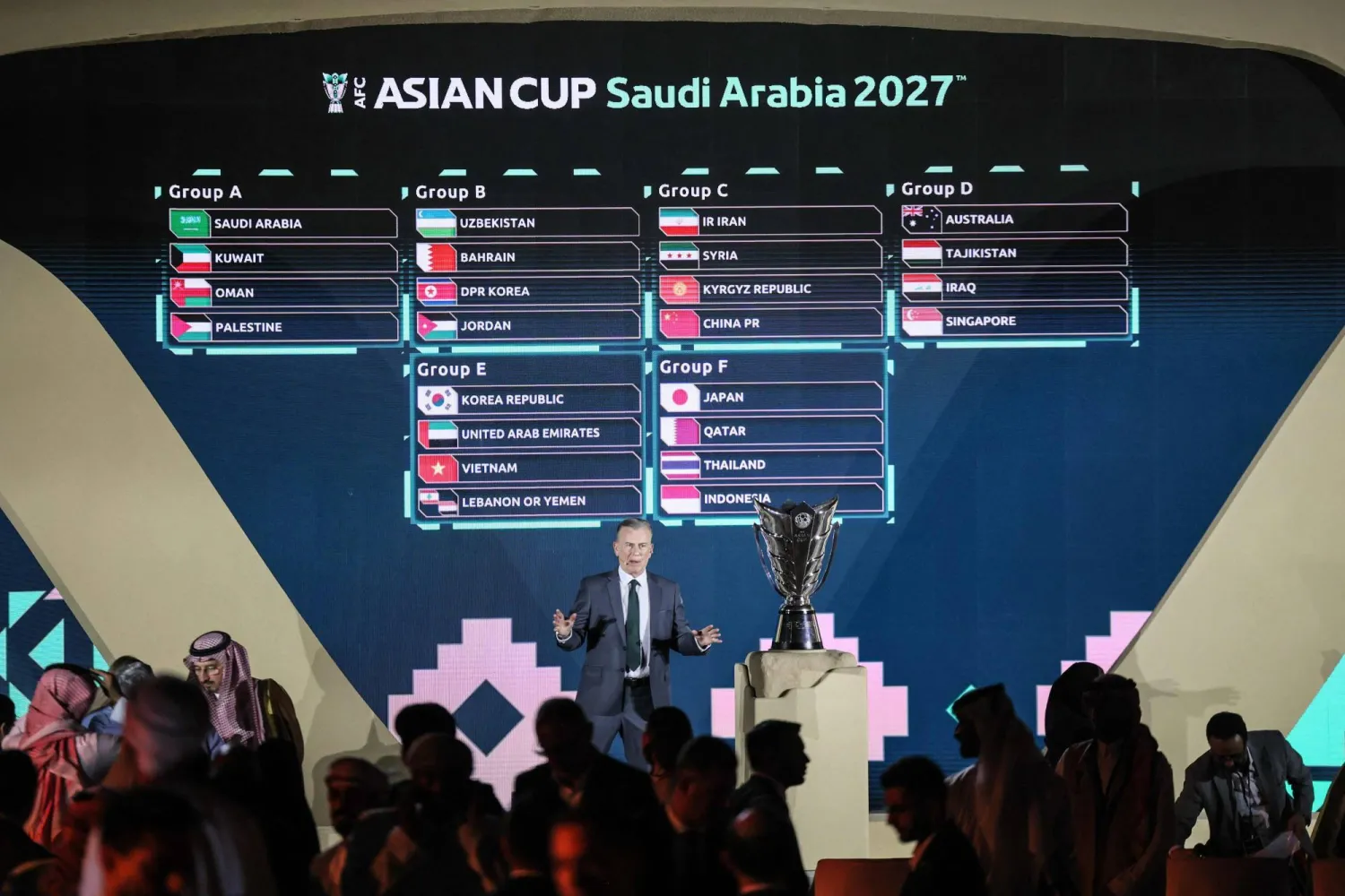 A screen displays the results of the final draw of the 2027 AFC Asian Cup during a ceremony in Diriyah, on the outskirts of Riyadh, on May 9, 2026. (AFP)