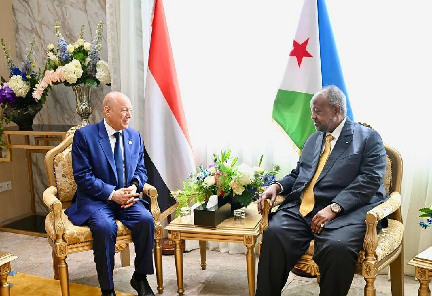 العليمي خلال مباحثاته مع الرئيس الجيبوتي إسماعيل عمر جيله في جيبوتي (إعلام حكومي)