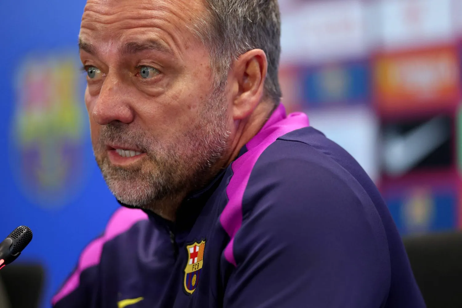  Barcelona's German coach Hans-Dieter Flick gives a press conference on the eve of the Spanish league football match between FC Barcelona and Real Madrid CF at Camp Nou Stadium in Barcelona on May 9, 2026. (AFP)