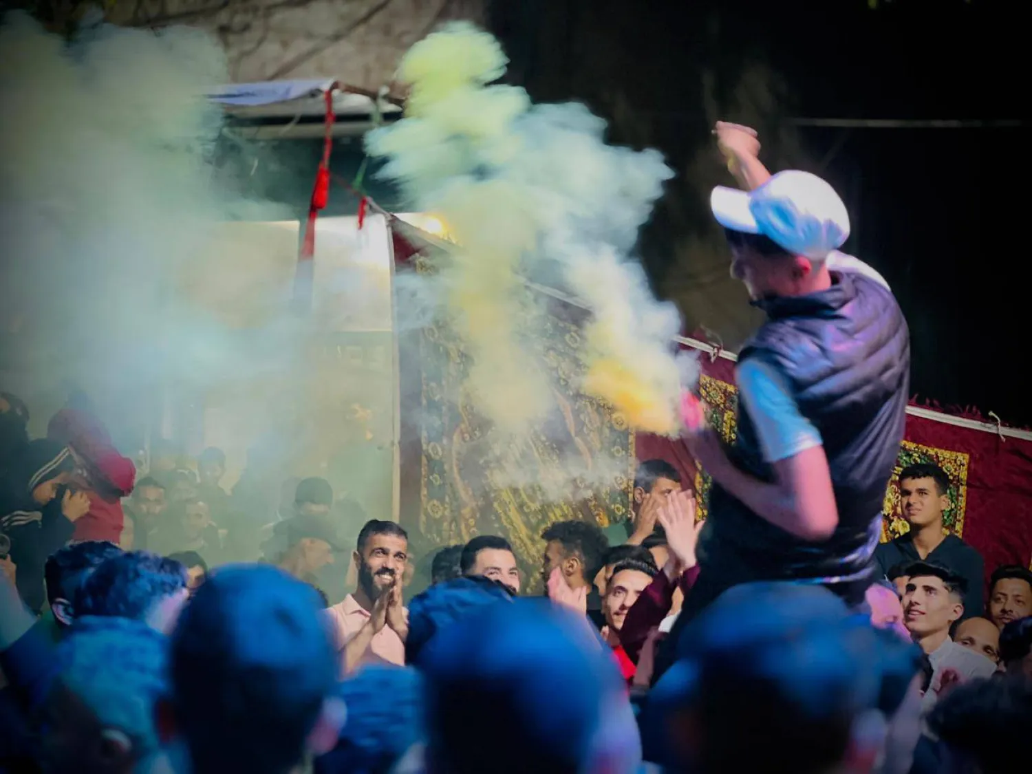 Palestinians gather at a wedding in the Al-Nasser neighborhood, west of Gaza City, in April. (Asharq Al-Awsat)