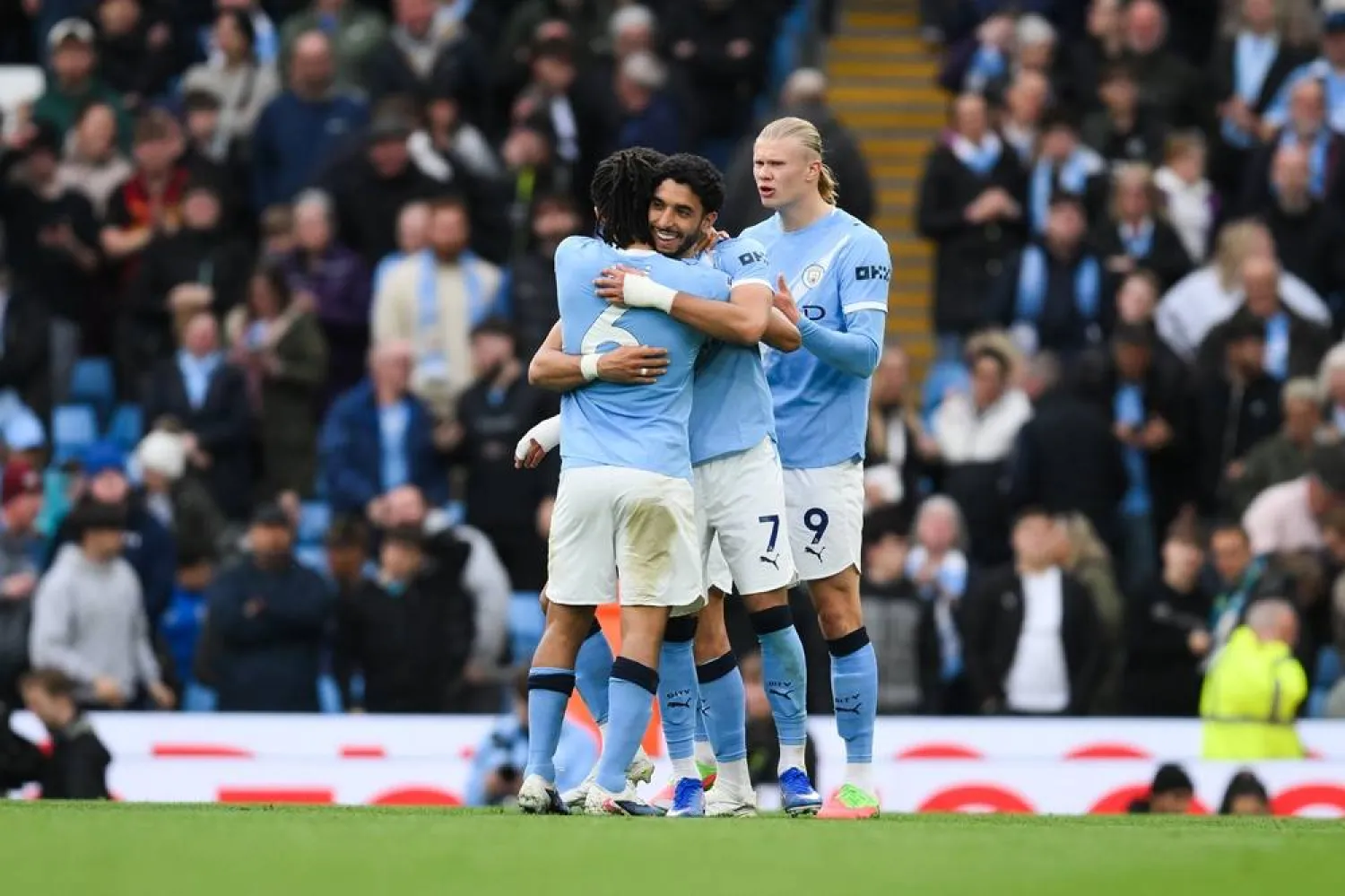 Omar Marmoush (C) of Manchester City celebrates his goal during the English Premier League match between Manchester City and Brentford FC, in Manchester, Britain, 09 May 2026. (EPA)