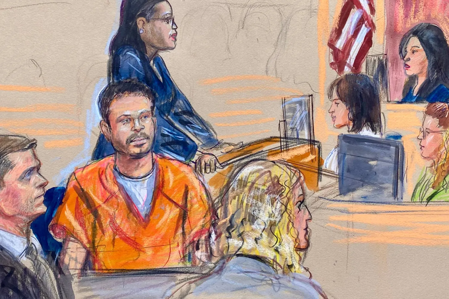 رسم تخطيطي للمحكمة يصوّر كول توماس ألين الجالس في المنتصف وهو الرجل من كاليفورنيا الذي تم اعتقاله في حادث إطلاق النار في حفل عشاء المراسلين في واشنطن ويظهر وهو يمثل أمام القاضية موكسيلا أوباديايا في المحكمة الفيدرالية في العاصمة واشنطن يوم 30 أبريل 2026 (أ.ب) 