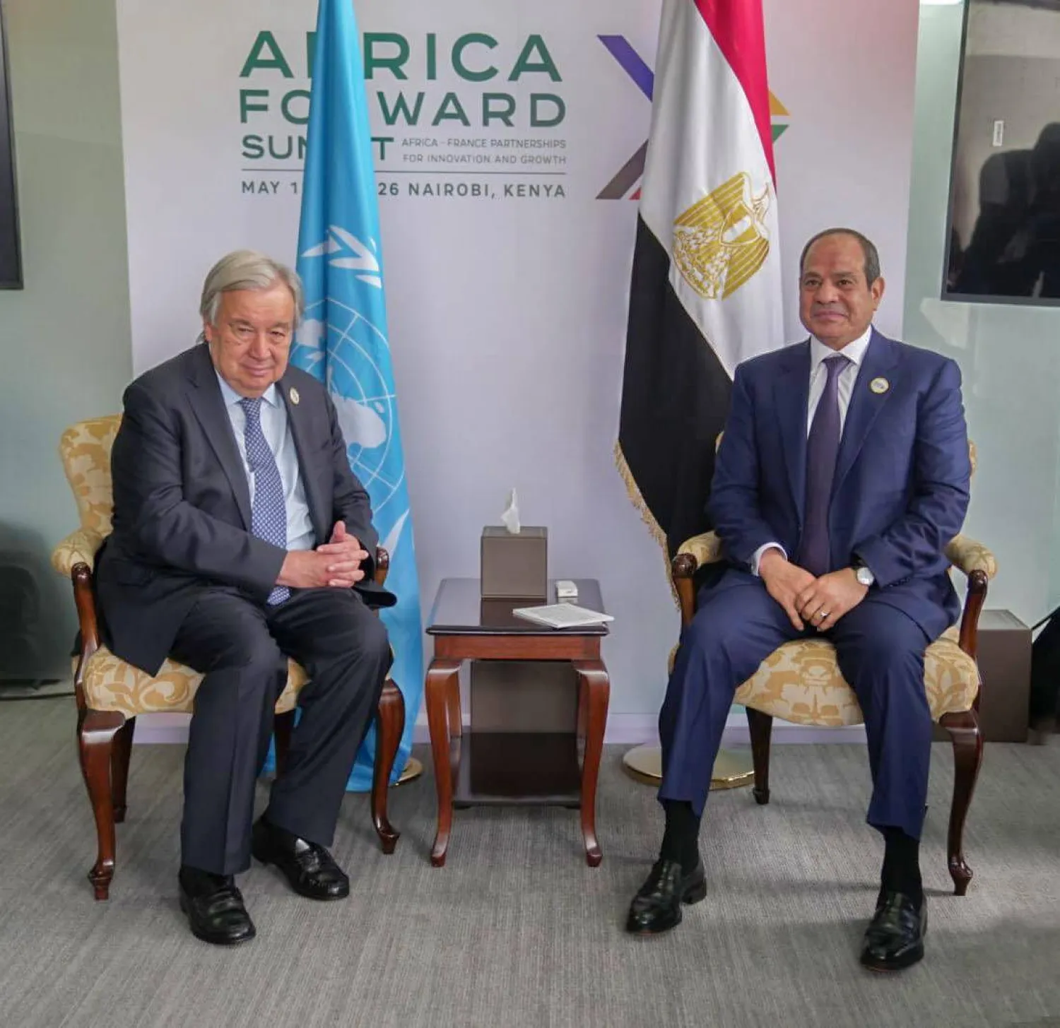 لقاء الرئيس المصري عبد الفتاح السيسي والأمين العام للأمم المتحدة أنطونيو غوتيريش في نيروبي يوم الثلاثاء (الرئاسة المصرية)