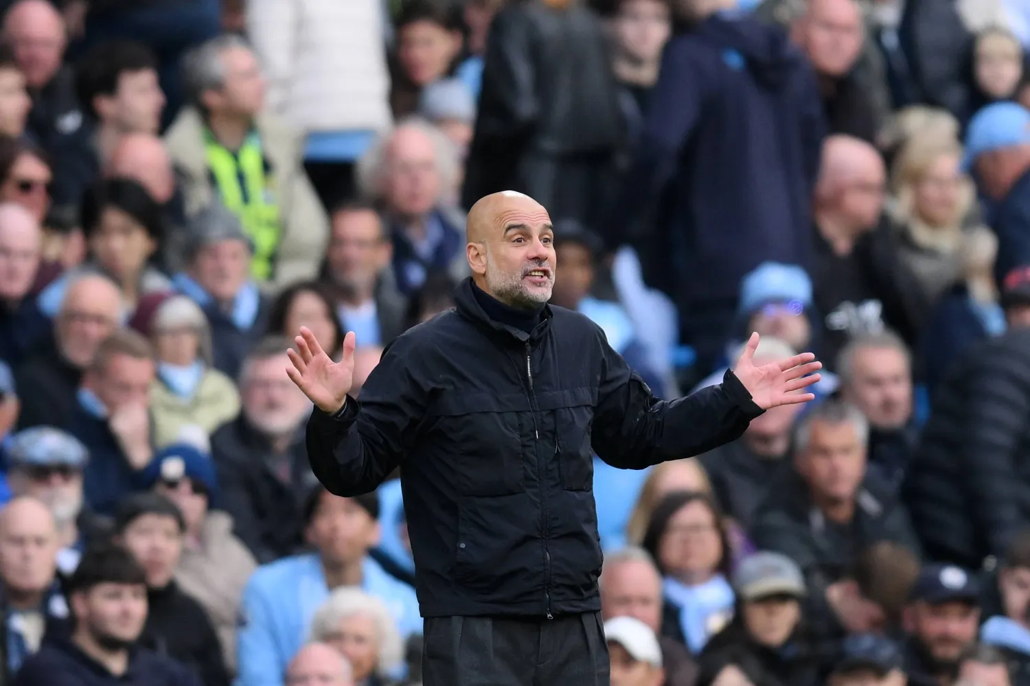 Manchester City manager Pep Guardiola gestures during the English Premier League match between Manchester City and Brentford FC, in Manchester, Britain, 09 May 2026. EPA/GARY OAKLEY
