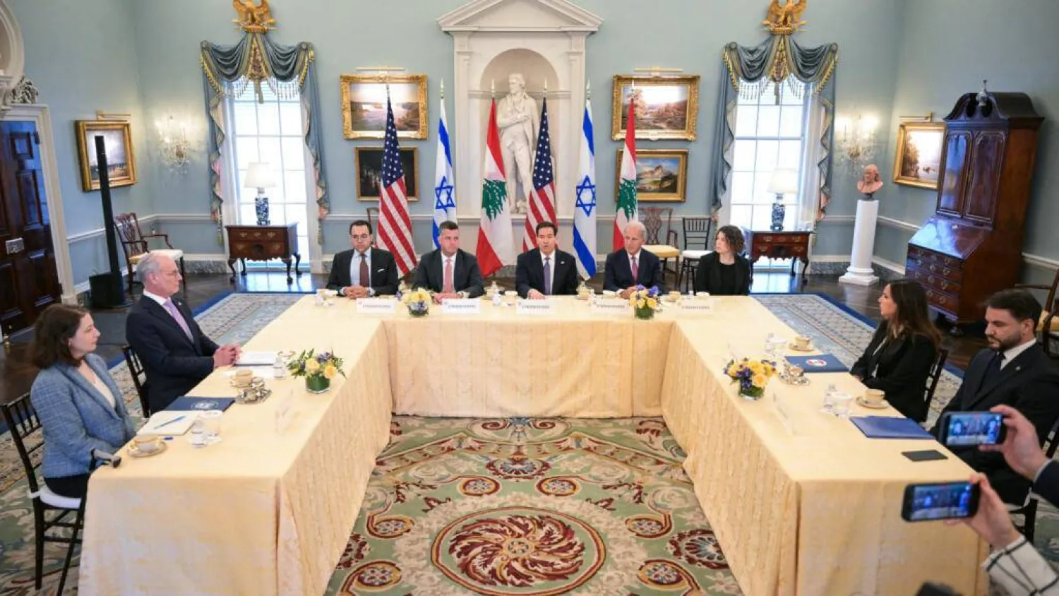 US Secretary of State Marco Rubio (C) speaks during a meeting with Lebanon's Ambassador to the US Nada Hamadeh Moawad (2R) and Israeli Ambassador to the US Yechiel Leiter (2L) at the State Department in Washington, DC, on April 14, 2026. AFP, Oliver Contreras