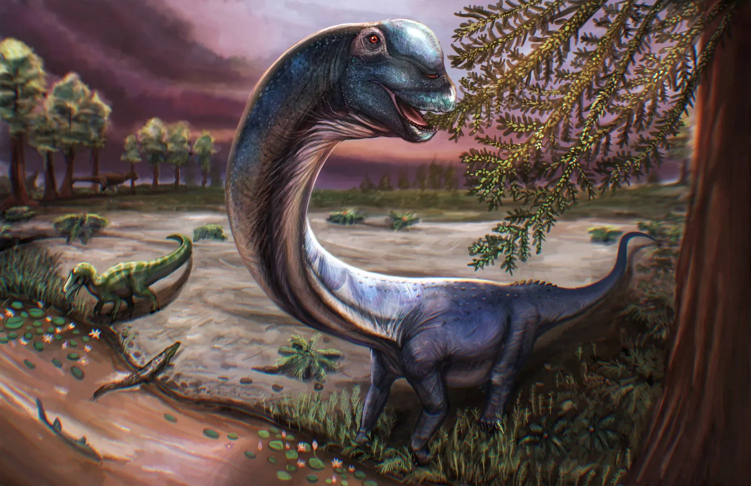 Artist reconstruction of the Cretaceous Period sauropod dinosaur Nagatitan chaiyaphumensis, whose fossils were unearthed in Thailand, seen in this illustration released on May 14, 2026. Patchanop Boonsai/Handout via REUTERS