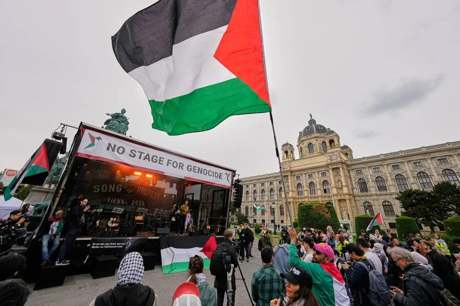 People attend a song protest concert against Israel at the Maria Theresien Square in the city center of Vienna, Austria, during the 70th Eurovision Song Contest week, Friday, May 15, 2026. (AP) 