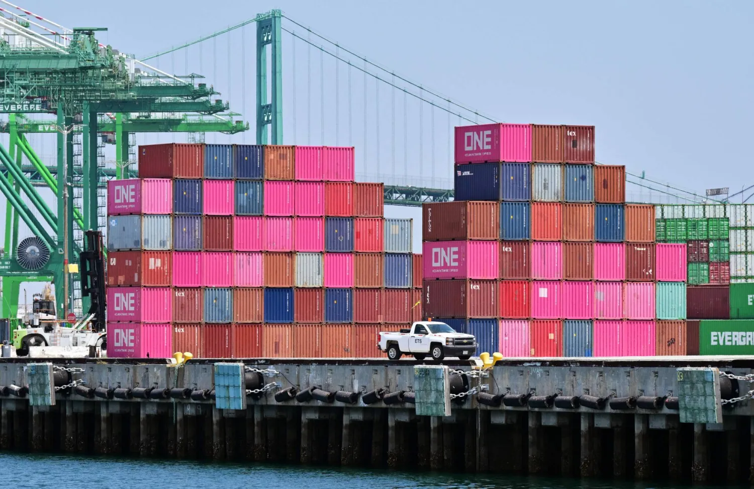 Shipping containers are piled at the Port of Los Angeles, California, on May 9, 2026. (AFP)