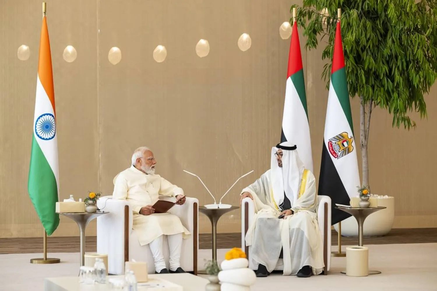 UAE President Sheikh Mohamed bin Zayed Al Nahyan and Indian Prime Minister Narendra Modi meet in Abu Dhabi on Friday. (WAM)
