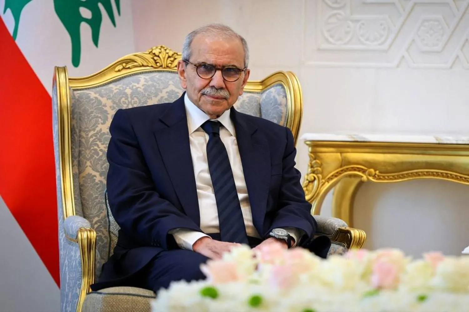 This handout photo provided by Syria's SANA news agency's Telegram channel on May 9, 2026, shows Lebanese Prime Minister Nawaf Salam meeting with the Syrian president (unseen) at the People's Palace in Damascus. (SANA / AFP / Handout) 