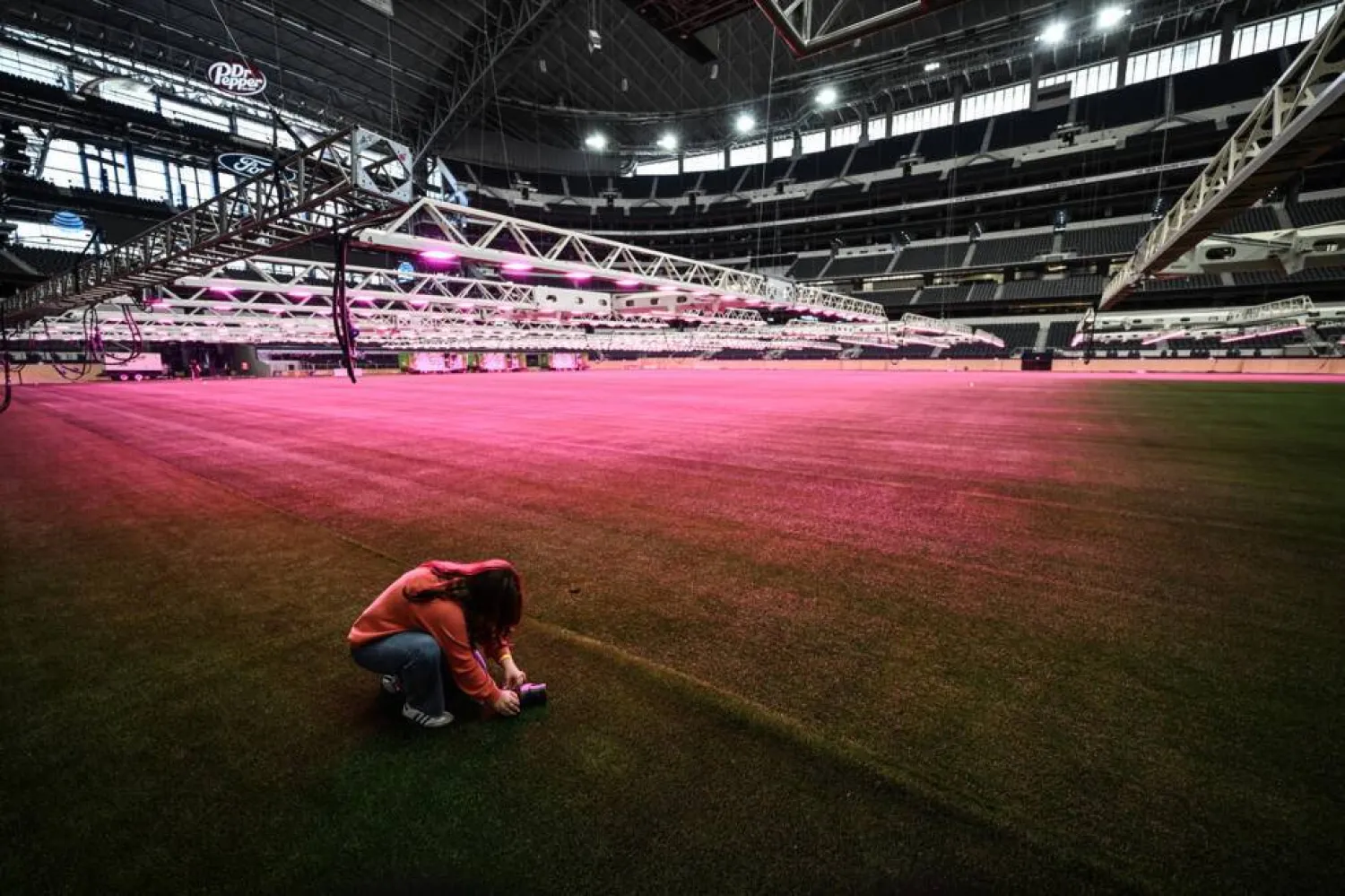 Pink grow lights designed to encourage photosynthesis flood a newly laid grass field at the AT&T Stadium in Texas where World Cup matches will be held. RONALDO SCHEMIDT / AFP
