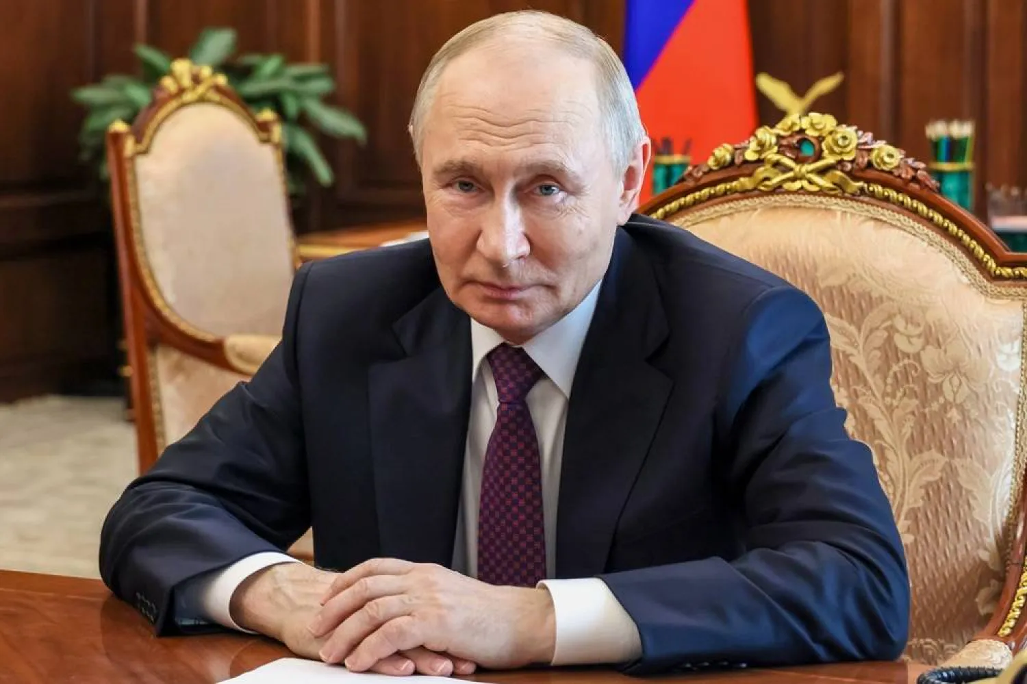  Russian President Vladimir Putin pauses as he meets with newly appointed acting governor of Belgorod region Alexander Shuvaev at the Kremlin in Moscow, Wednesday, May 13, 2026. (Mikhail Metzel/Sputnik, Kremlin Pool Photo via AP) 