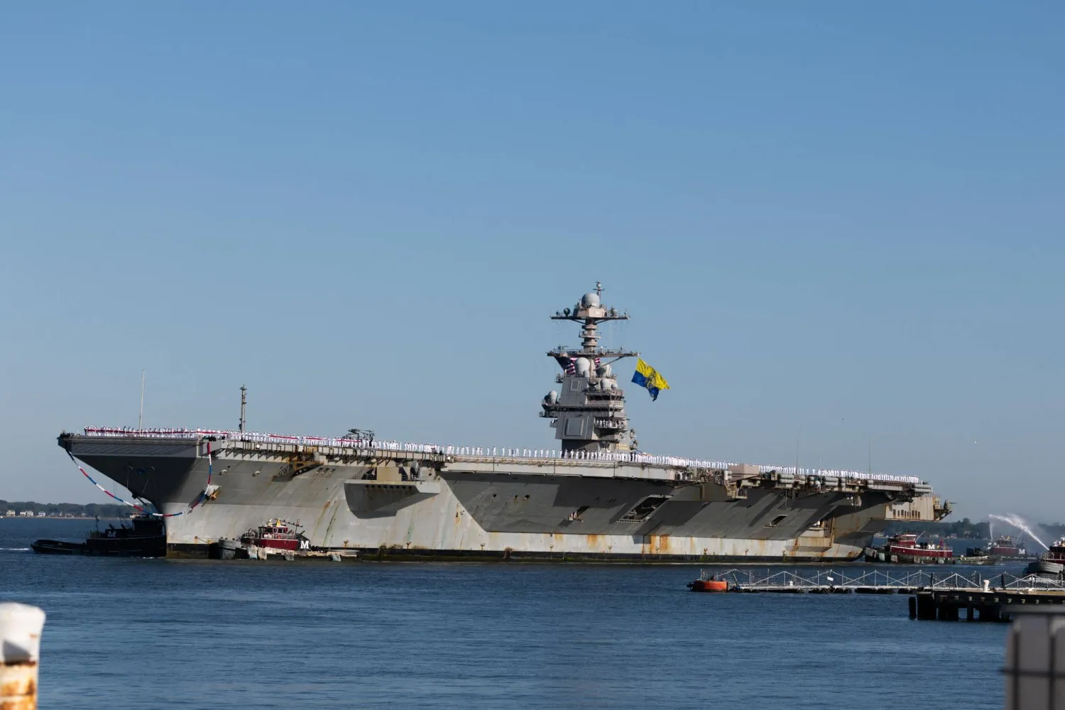Aircraft carrier USS Gerald R. Ford arrives at Naval Station Norfolk on May 16, 2026 in Norfolk, Virginia. (Getty Images/AFP)