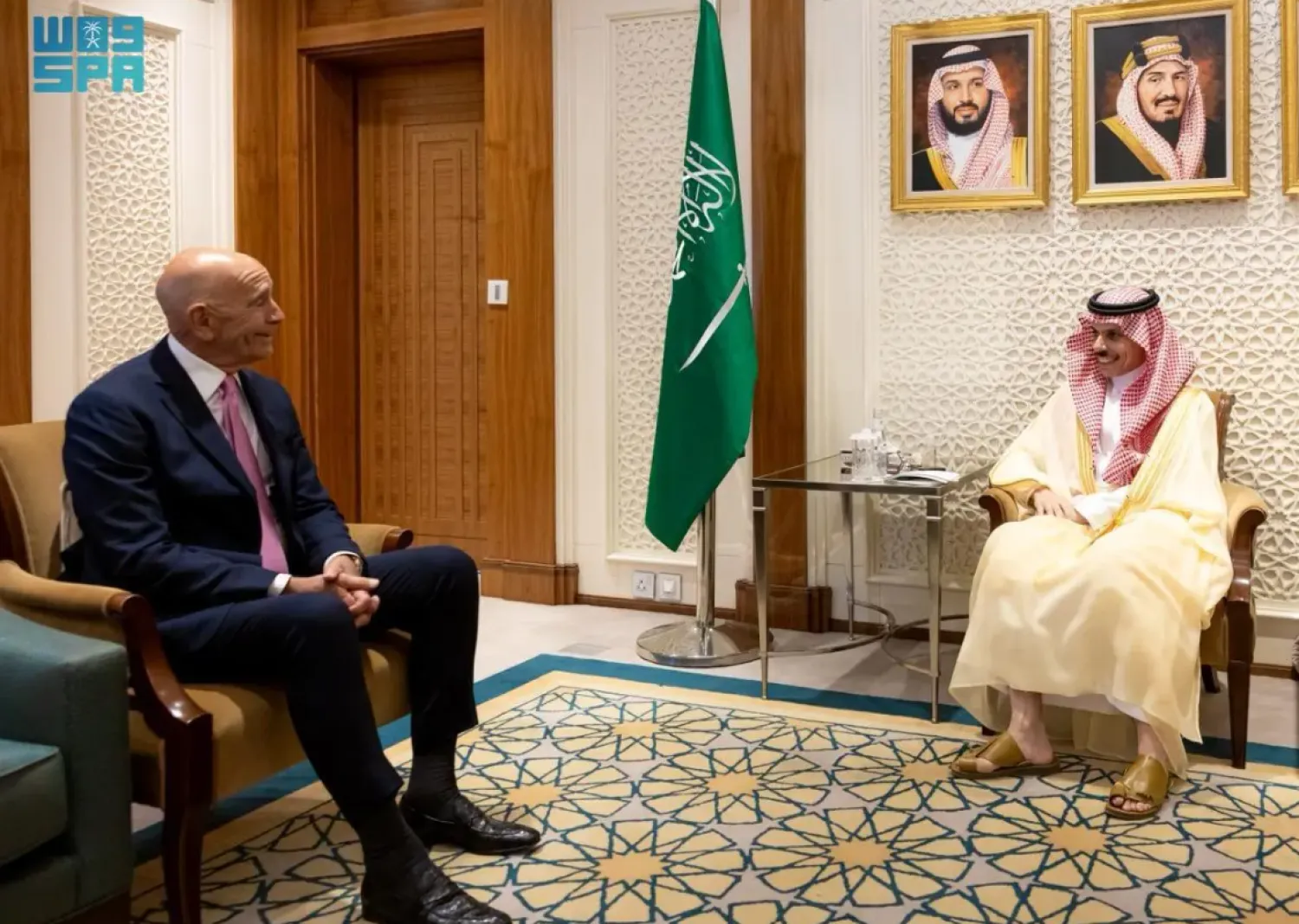 Saudi Minister of Foreign Affairs Prince Faisal bin Farhan bin Abdullah and US Special Envoy for Syria Tom Barrack - SPA

