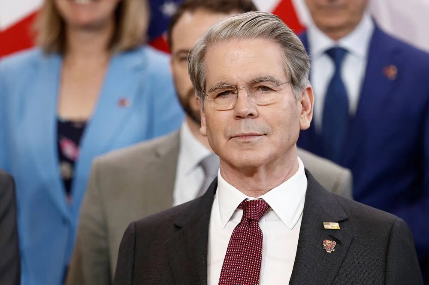 US Secretary of Treasury Scott Bessent poses for a family photograph of G7 Finance Ministers and Central Bank Governors as they meet to prepare the summit of heads of State and government to be held in June 2026 in Evian, in Paris on May 19, 2026. (AFP)