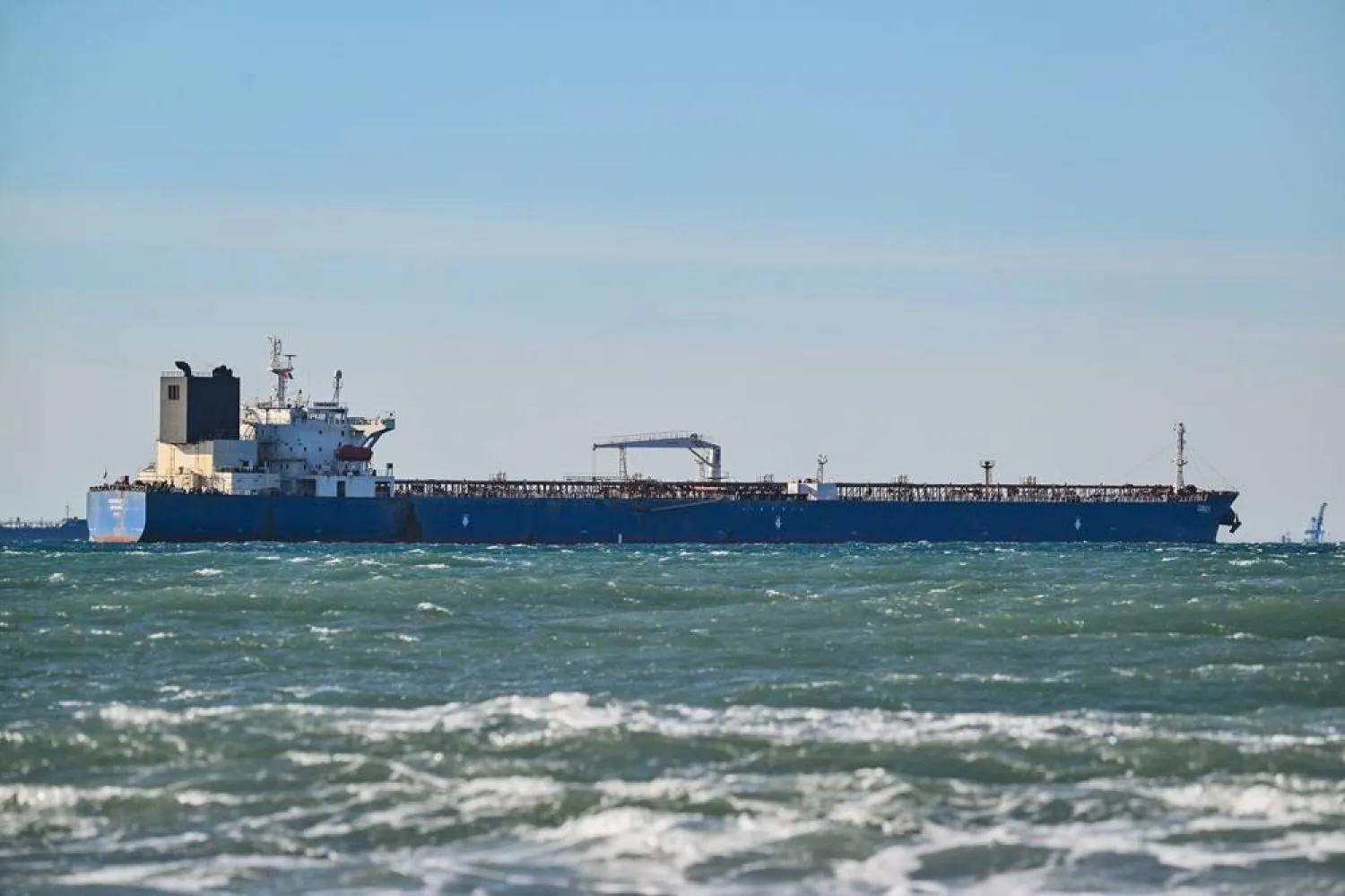 A seized suspected Russian oil taker by the French navy is photographed in the Mediterranean Sea in Fos-sur-Mer, southern France, on Jan. 26, 2026. (AP)