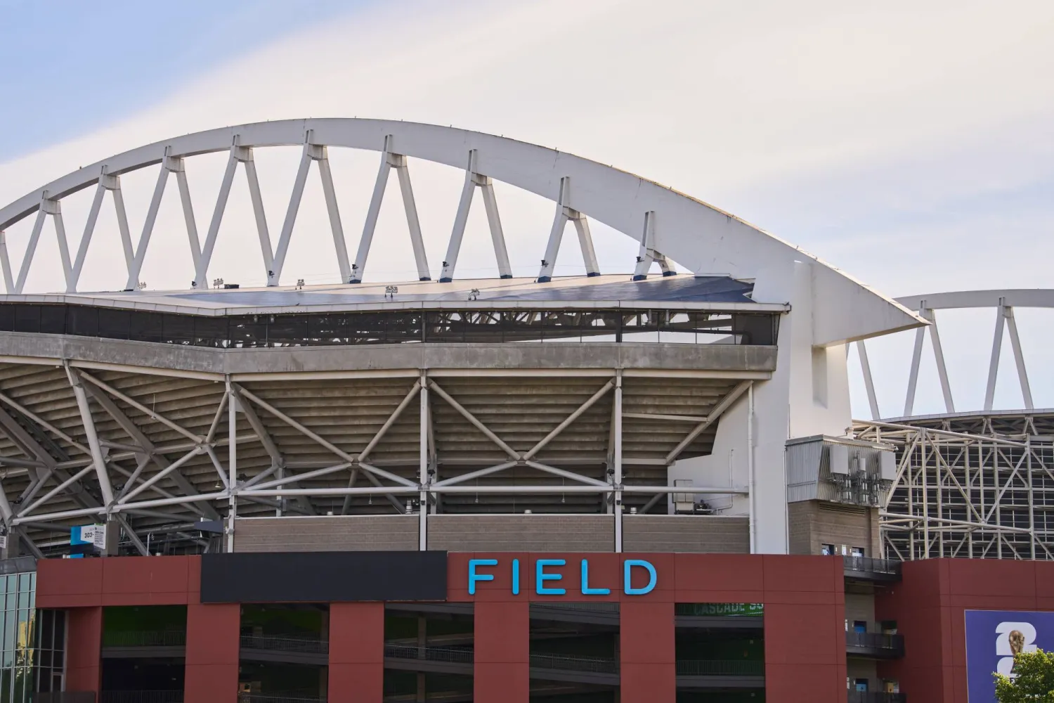A partial covering is seen over Lumen branding at Lumen Field, which will be named Seattle Stadium during the 2026 FIFA World Cup, Wednesday, May 20, 2026, in Seattle. (AP Photo/Lindsey Wasson)