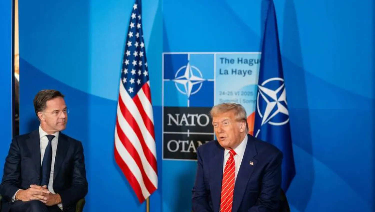 FILED - 25 June 2025, Netherlands, The Hague: NATO Secretary General Mark Rutte and US President Donald Trump give remarks to the press on the sidelines of the 2025 NATO Summit. Photo: Martijn Beekman/NATO/dpa 