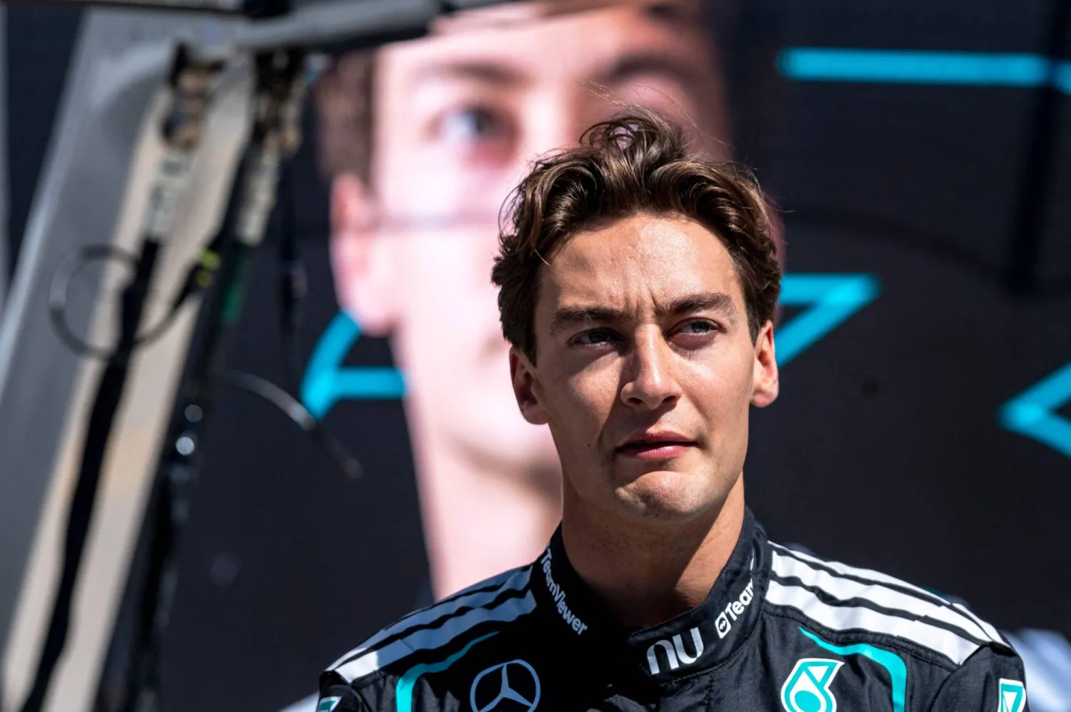 Mercedes' British driver George Russell gives an interview before the F1 races at the Circuit Gilles-Villeneuve in Montreal, Quebec, Canada, on May 21, 2026. (Photo by ANDREJ IVANOV / AFP)