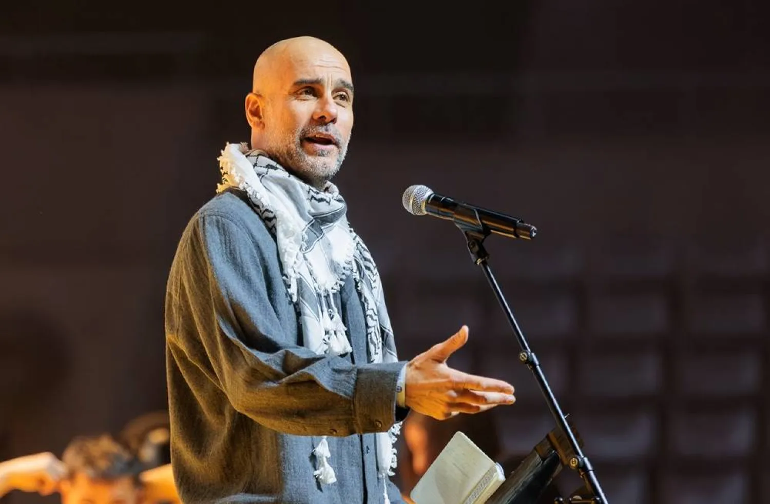 Pep Guardiola giving a speech on Palestine in Barcelona earlier this year. (Getty Images)
