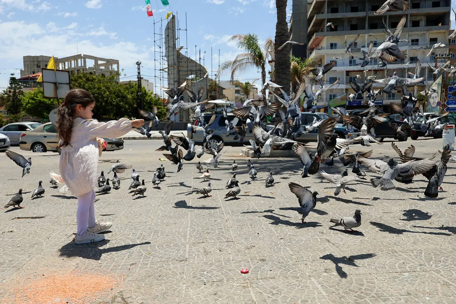 Sur meydanlarından birinde güvercinlere yem atan bir kız (EPA)