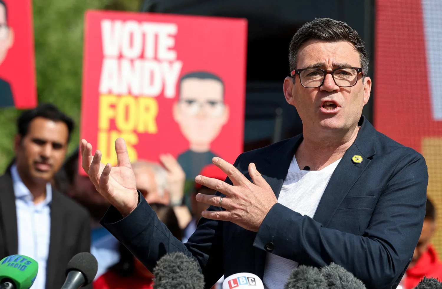 Greater Manchester Mayor and Labour candidate Andy Burnham speaks during his campaign launch, ahead of the Makerfield by-election triggered by the resignation of Labour MP Josh Simons, in Ashton-in-Makerfield, Britain, May 22, 2026. (Reuters)