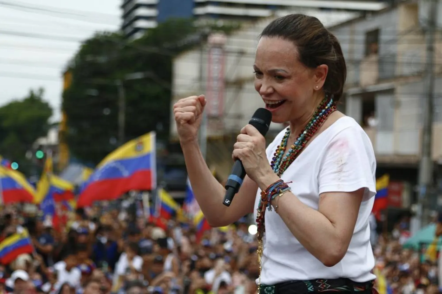 Venezuelan opposition leader and 2025 Nobel Peace Prize laureate Maria Corina Machado delivers a speech on Cuba Avenue in Panama City, Panama, 23 May 2026. (EPA)