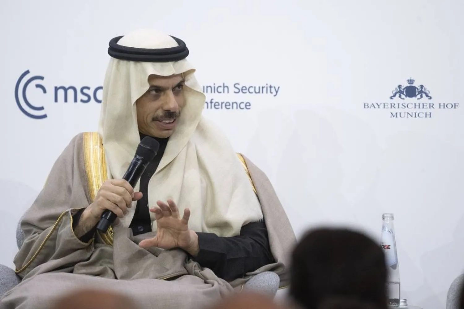  13 February 2026, Bavaria, Munich: Saudi Minister of Foreign Affairs Prince Faisal bin Farhan bin Abdullah speaks during a panel session at the Munich Security Conference. (dpa)