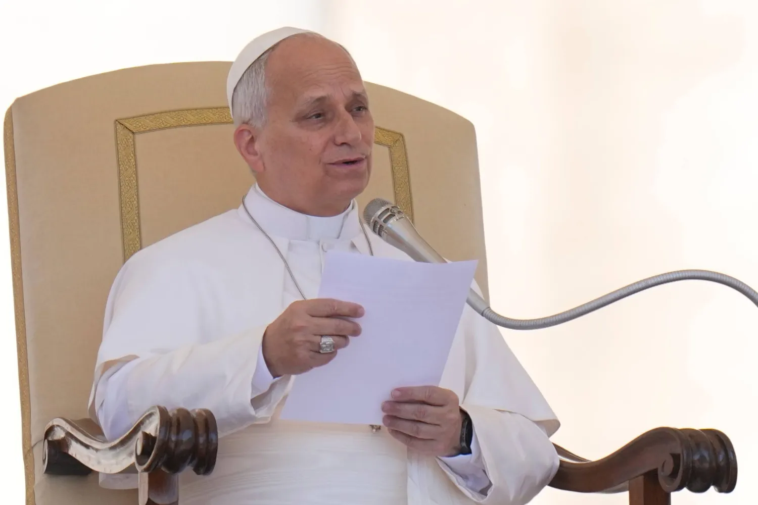 Pope Leo XIV holds his weekly general audience in St. Peter's Square at The Vatican, Wednesday, May 27, 2026. (AP Photo/Alessandra Tarantino)