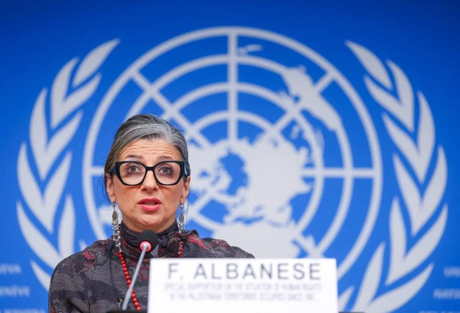 Francesca Albanese, UN special rapporteur on human rights in the Palestinian territories, attends a news conference during the Human Rights Council at the United Nations in Geneva, Switzerland, March 24, 2026. (Reuters)