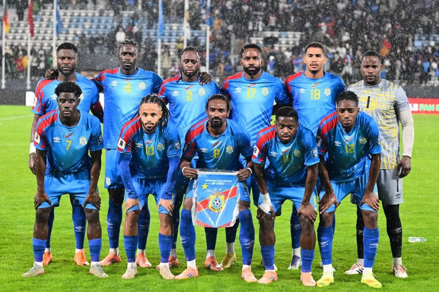 Congo players pose for a team photo before a World Cup qualifying match against Cameroon, Thursday, Nov. 13, 2025, in Rabat, Morocco. (AP)