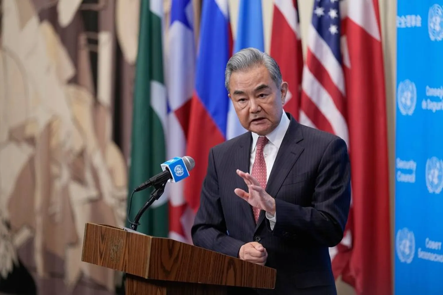 Chinese Foreign Minister Wang Yi speaks to reporters at United Nations headquarters, Tuesday, May 26, 2026. (AP)