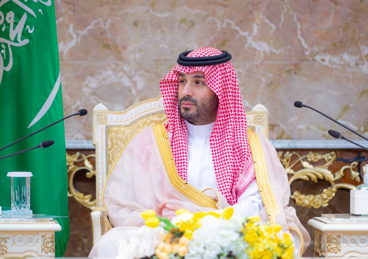 Prince Mohammed bin Salman bin Abdulaziz Al Saud, Saudi Crown Prince and Prime Minister, is seen at Thursday's reception at the Mina Palace. (SPA)