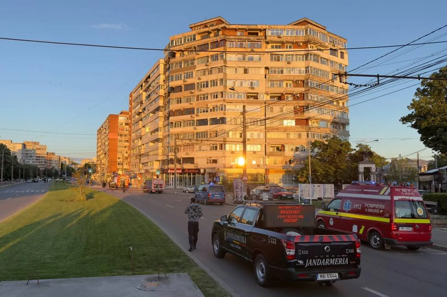 Firefighters and law enforcement work on the site of an explosion at a residential block of flats following a drone hit close to the border with Ukraine, in Galati, Romania, May 29, 2026. (Inquam Photos via Reuters)