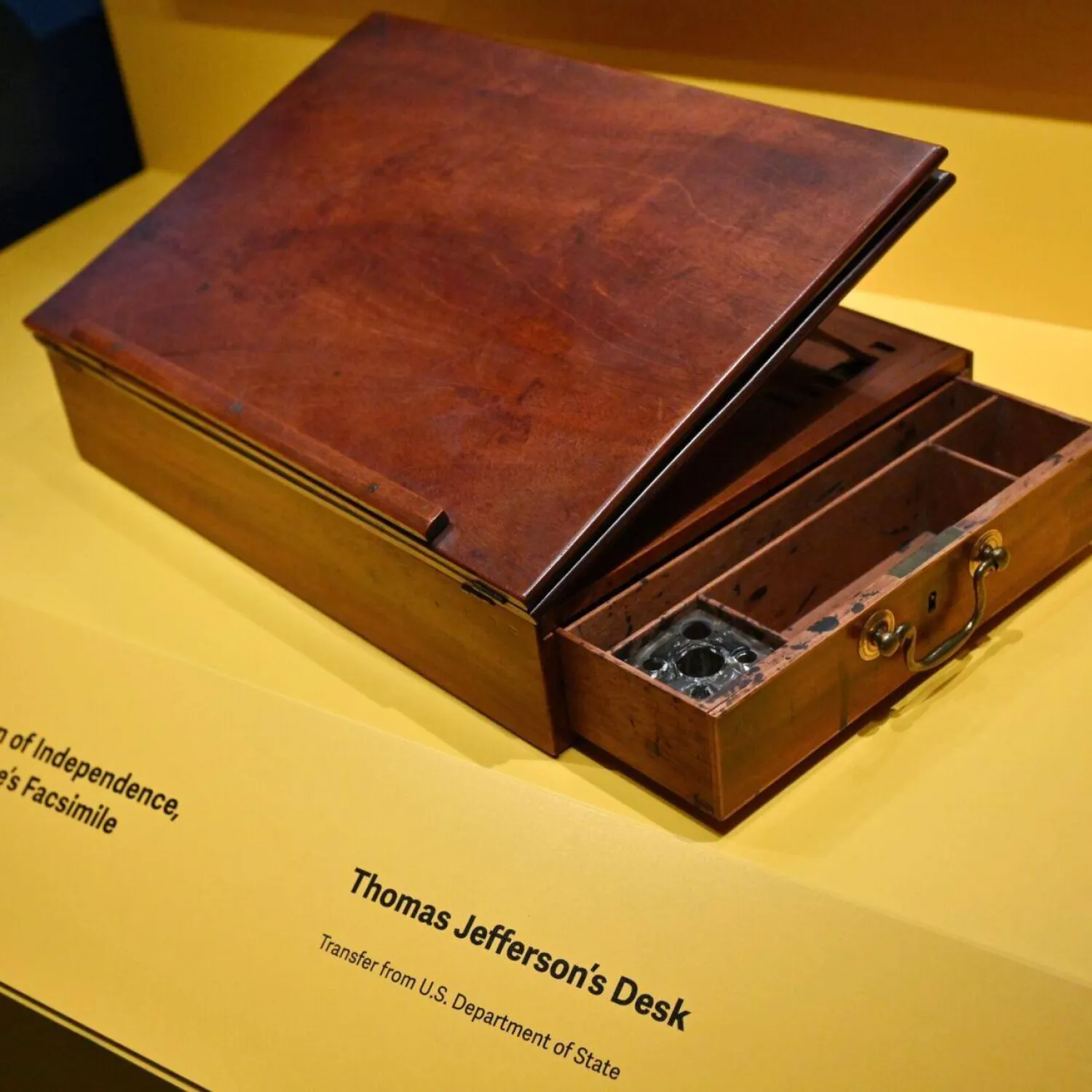 Thomas Jefferson's desk, on which he drafted the Declaration of Independence, can be seen on display by The Smithsonian for its 'American Aspirations' exhibition. Mandel NGAN / AFP
