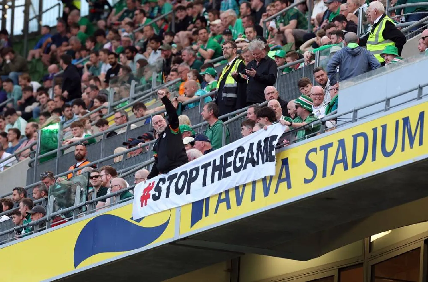 Football - International Friendly - Republic of Ireland v Qatar - Aviva Stadium, Dublin, Ireland - May 28, 2026 A banner is displayed in the stands as part of a protest during the match. (Reuters)