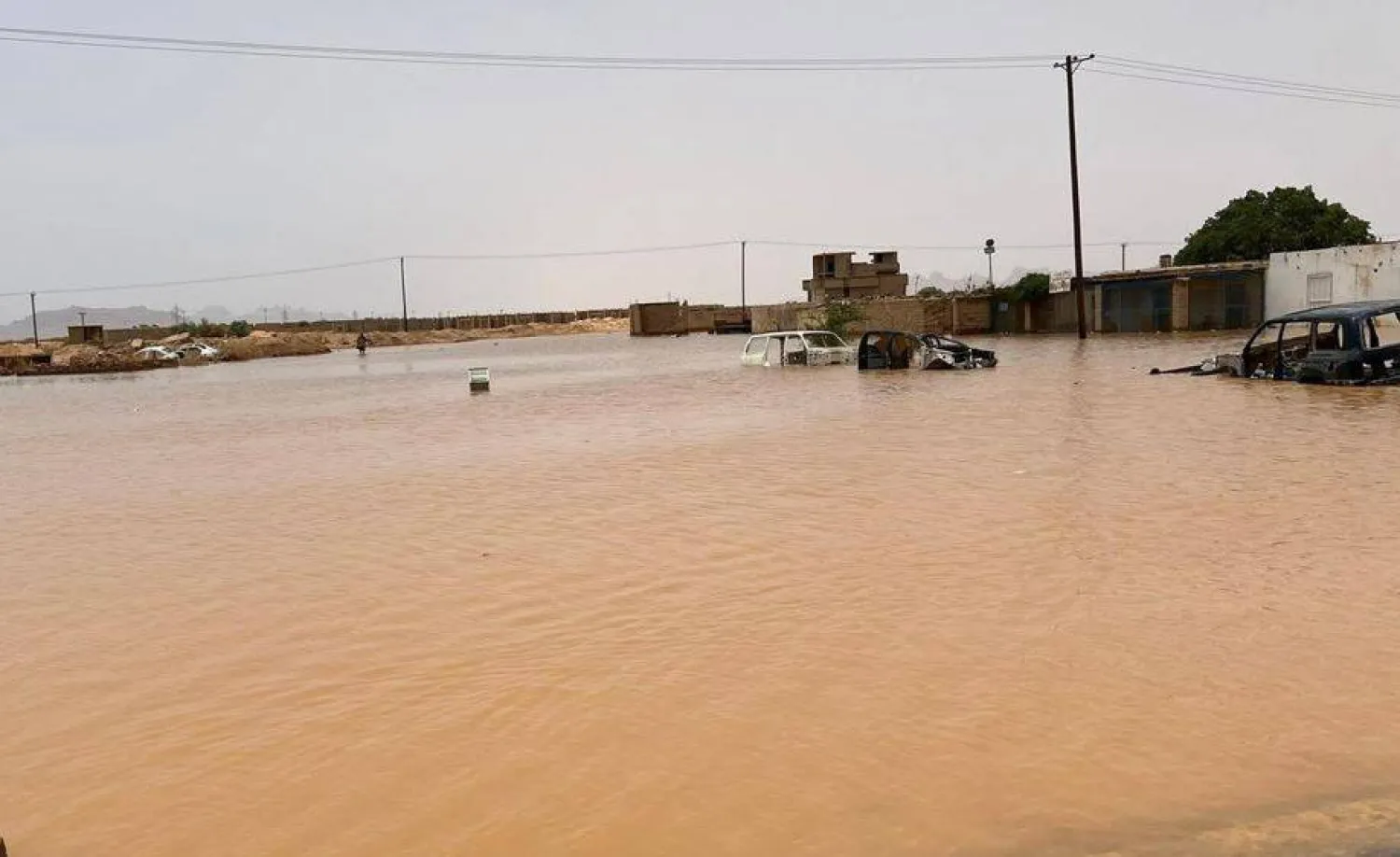 سيارات طافية فوق مياه سيول جارفة أغرقت مدينة تهالة في الجنوب الليبي (الهلال الأحمر الليبي)