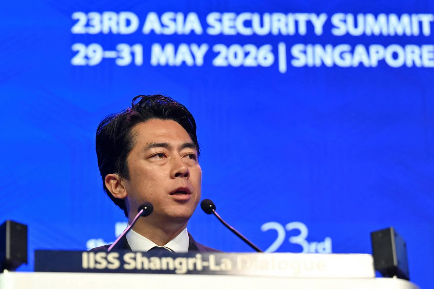 Shinjiro Koizumi, Japan's defense minister, speaks at the Shangri-La Dialogue security summit in Singapore, May 31, 2026. REUTERS/Caroline Chia
