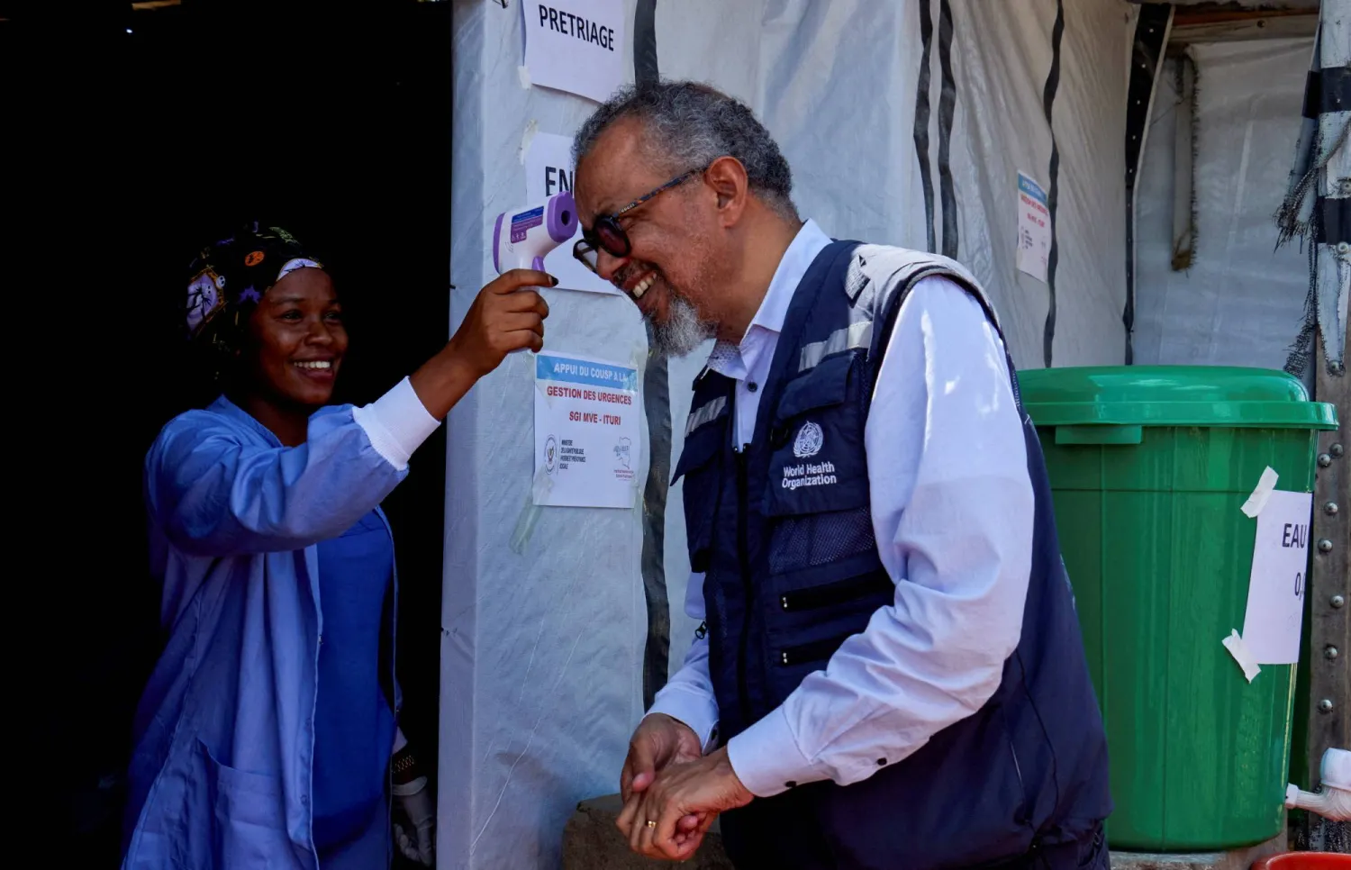 Director-General of the World Health Organisation (WHO) Tedros Adhanom Ghebreyesus has his temperature checked as he tours the Evangelical Medical Center (CEM), in Bunia, Ituri province, Democratic Republic of Congo, May 31, 2026. REUTERS/Gradel Muyisa Mumbere     