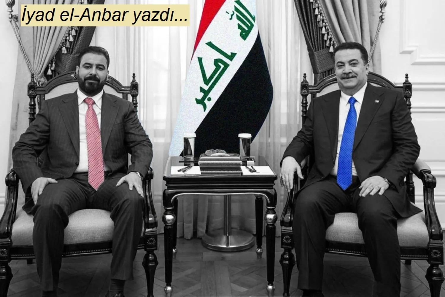 Görev süresi sona eren Irak Başbakanı Muhammed Şiya es-Sudani ve Başbakan adayı Ali el-Zeydi, Bağdat'taki Hükümet Sarayı'nda, 27 Nisan 2026 (Reuters)