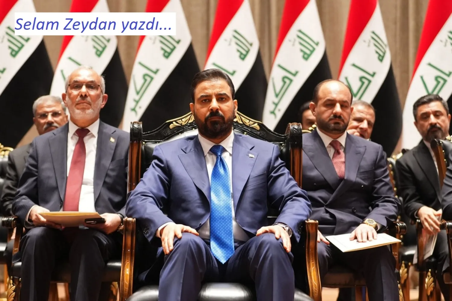  Başbakan adayı Ali el-Zeydi (ortada), Bağdat'ta kabinesini parlamentoya sunmadan önce, 14 Mayıs 2026 (AFP)