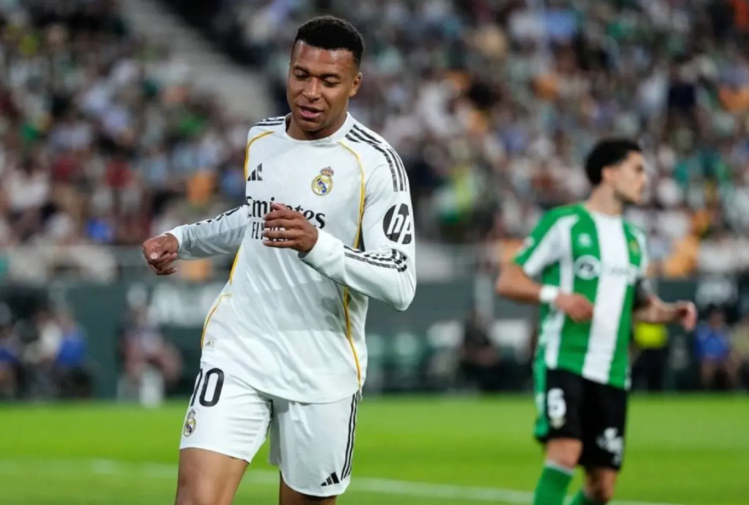 Real Madrid's Kylian Mbappe reacts during a La Liga soccer match between Real Betis and Real Madrid in Seville, Spain, Friday, April 24, 2026. (AP)