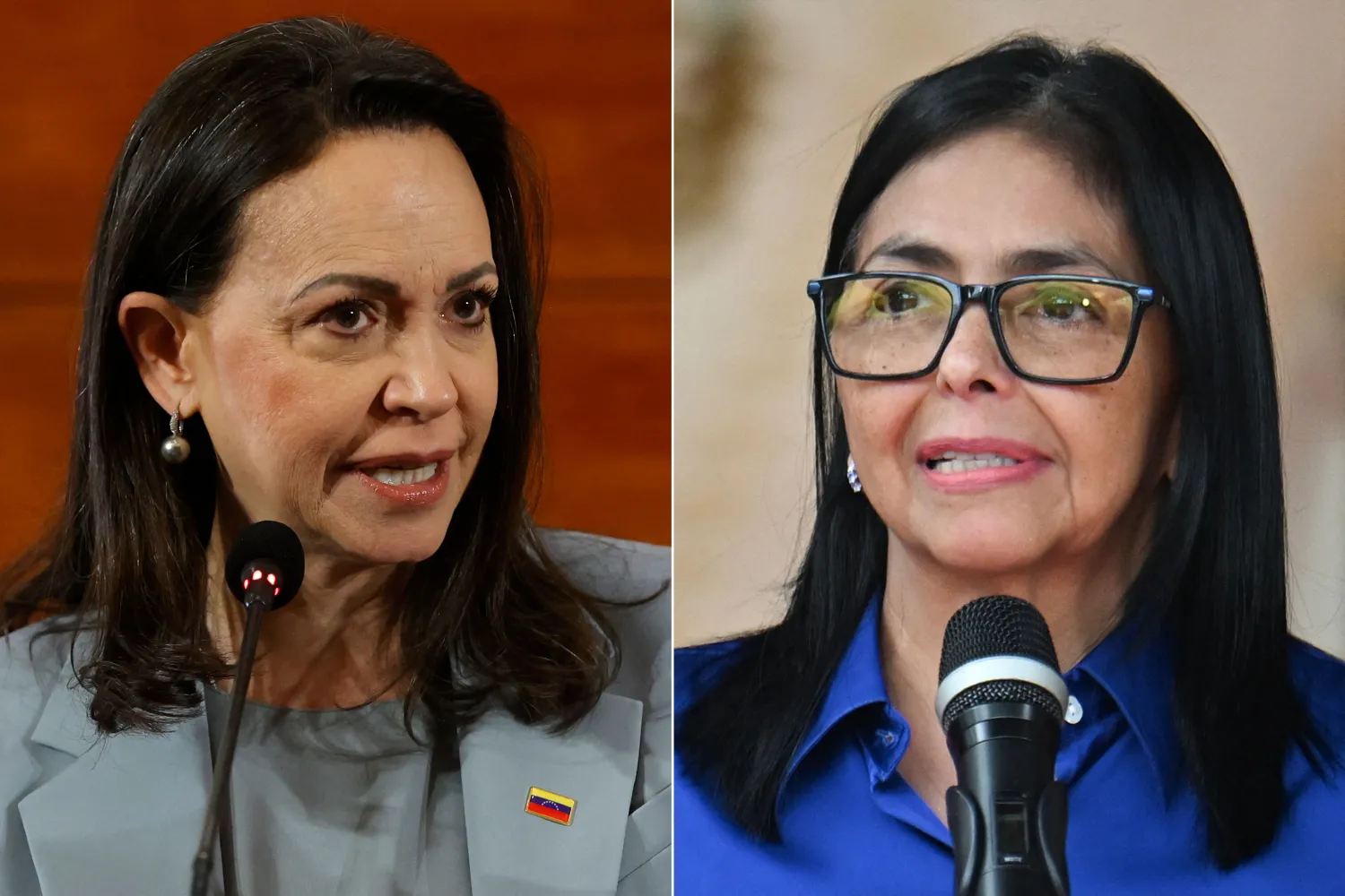 (COMBO) This combination of pictures created on May 14, 2026, shows Venezuelan opposition leader Maria Corina Machado gesturing as she delivers a press conference in Santiago, on March 12, 2026, and Venezuela's interim President Delcy Rodriguez speaking during a press conference at the Miraflores Presidential Palace in Caracas on January 14, 2026. (Photo by Raul BRAVO and Juan BARRETO / AFP)