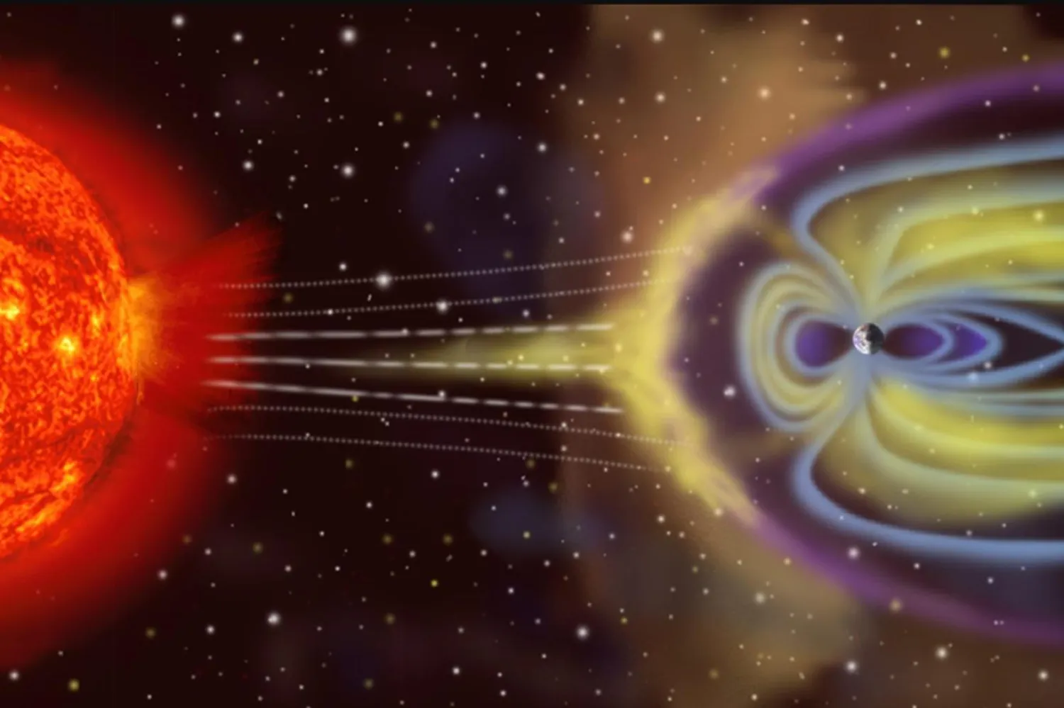 Güneş rüzgarı parçacıklarının gezegenimizle etkileşimini gösteren sanatçı tasviri (NASA)