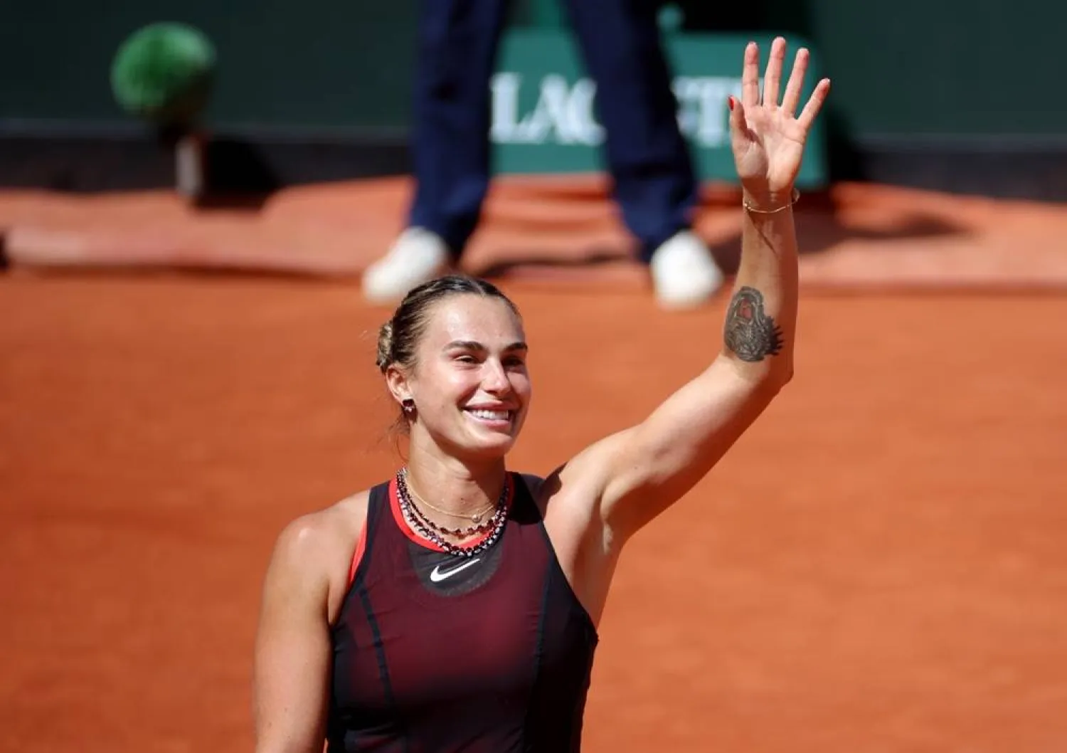 Aryna Sabalenka of Belarus celebrates winning her Women's 3rd round match against Daria Kasatkina of Australia at the French Open Grand Slam tennis tournament at Roland Garros in Paris, France, 30 May 2026. (EPA)