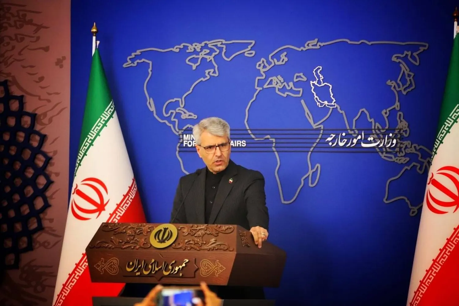 A photo published by the Iranian government website from the press conference of spokesman Ismail Baqaei on Monday morning, May 25, 2026