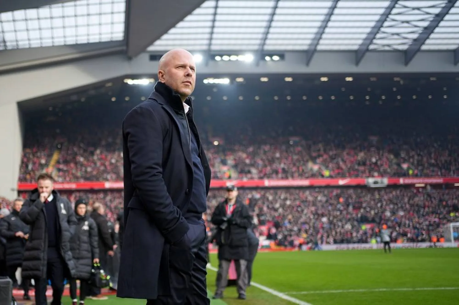 Liverpool's manager Arne Slot watches from the side line during the FA Cup soccer match between Liverpool and Accrington Stanley at the Anfield stadium in Liverpool, England, Saturday, Jan. 11, 2025. (AP)